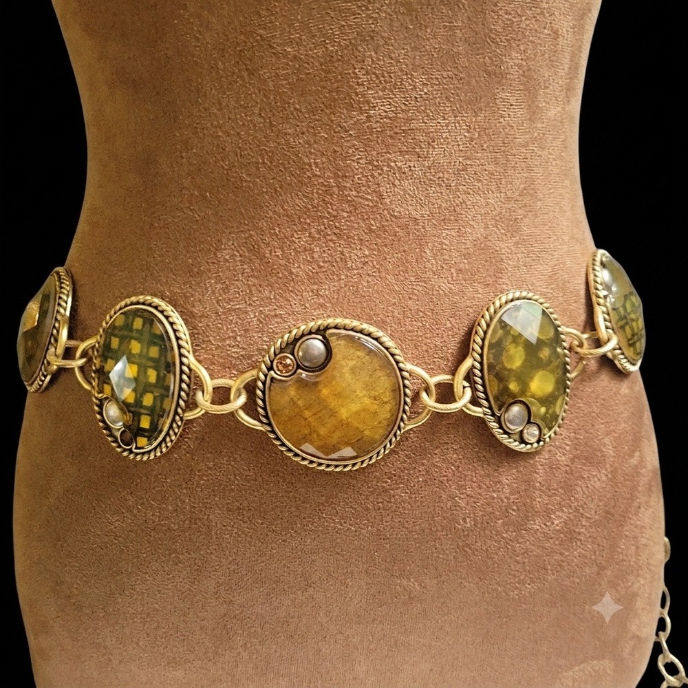Chico's Vintage Brass Medallion Lucite Rhinestone Chain Belt 38" Whimsical Goth